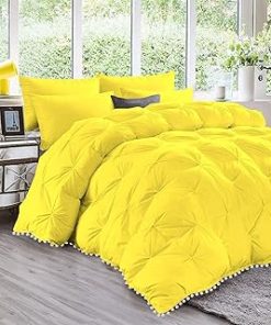 1 Piece White Pom Pom Fringe Pinch Pleated Comforter | 1000 Thread Count 100% Egyptian Cotton, Super Soft (Twin/Twin XL Size Yellow Color) 550 GSM Filling