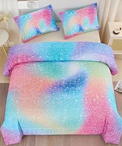 ZRNBAST 3 Pcs Rainbow Queen Girls Comforter Set Glitter Star Gradient Pink Green Girls Bedding Set 3 Pieces Glitter Tie Dye Ombre Comforter for Queen Size Bed for Teens