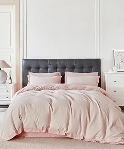 YuHeGuoJi Pink Textured Duvet Cover King 100% Cotton Peach Waffle Weave Duvet Cover Washed Cotton 3 Pcs Set 1 Decorative Hemmed Duvet Cover with Zipper Ties 2 Pillow Shams Light Pink Bedding Set