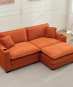 104" Beige Linen Sofa with Reversible Chaise and Welt Trim, L Shaped Couch with Removable Back Cushions and 4 Accent Pillows, Ideal for Small Space Living