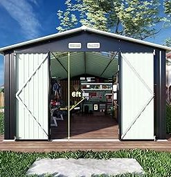 10x12x7.5 FT Outdoor Storage Shed, Galvanized Steel Metal Garden Sheds Kit with 2 Light Transmitting Window and Double Lockable Door, Oversized Tool Sheds for Backyard Patio Dark Grey/White