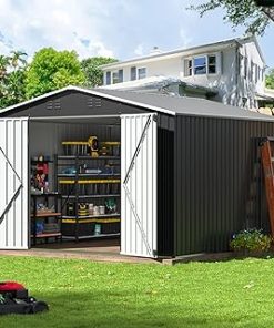 10x10 FT Outdoor Storage Shed, Garden Shed with Updated Frame Structure and Lockable Doors, Metal Tool Sheds for Backyard Garden Patio Lawn, Grey