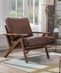 ZHENGHAO Brown PU Leather Accent Chair, Mid Century Retro Armchair Reading Chair for Small Space, Wood Frame Comfy Arm Chair for Living Room Bedroom Fireplace (Brown)