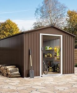Zstar 15' x 8' Large Metal Outdoor Storage Shed, Steel Utility Tool Shed Storage House with Sloping Roof & Lockable Door, All-Weather Resistant Steel Garden Shed for Backyard Garden Patio Lawn, Brown
