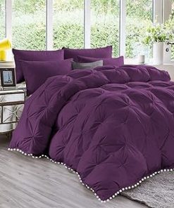 1 Piece White Pom Pom Fringe Pinch Pleated Comforter | 1000 Thread Count 100% Egyptian Cotton, Super Soft (Oversized Super King Size Plum Color) 550 GSM Filling