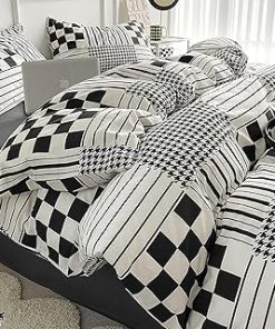 100% Washed Cotton Duvet Cover Set,Black and White Color Scandinavian Style Quilt Cover, Soft Relaxed Comforter Cover with Zipper Closure & Corner Ties(D,Full)