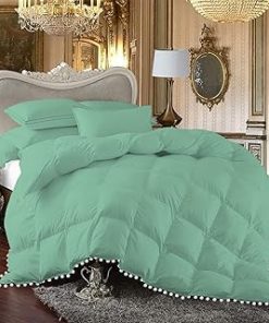1 Piece White Vintage Pom-Pom Fringe, Box Design Comforter 1000 Thread Count 100% Egyptian Cotton - (Full/Queen Size, Mint Color) 550 GSM Filling
