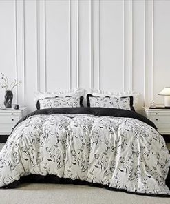 YuHeGuoJi Grey Flower Duvet Cover King 100% Cotton Black Ruffle Duvet Cover 3 Pcs Set 1 Farmhouse Gray White Duvet Cover with Zipper Ties 2 Pillow Shams Rustic Black Floral Bedding Set Soft