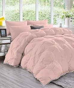 1 Piece White Pom Pom Fringe Pinch Pleated Comforter | 1000 Thread Count 100% Egyptian Cotton, Super Soft (Twin/Twin XL Size Blush Color) 550 GSM Filling