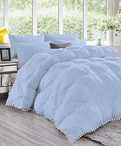 1 Piece Beautiful Looking Pom Pom Pinch Pleated Comforter 800 Thread Count 100% Egyptian Cotton, White Vintage Pom-Pom Fringe Super Soft (Super King Size Light Blue Color)
