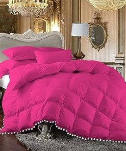 1 Piece White Vintage Pom-Pom Fringe, Box Design Comforter 1000 Thread Count 100% Egyptian Cotton - (Full/Queen Size, Hot Pink Color) 550 GSM Filling