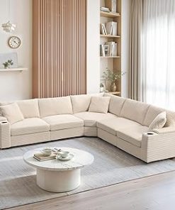 106" Convertible L Shaped Sectional Sofa with Armrest Storage, Oversized Modular Sofa with Cup Holders & USB Charger, Corduroy Corner Couch with Irregular Corner for Living Room, Beige