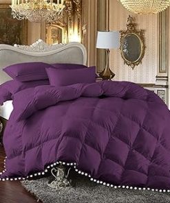 1 Piece White Vintage Pom-Pom Fringe, Box Design Comforter 1000 Thread Count 100% Egyptian Cotton - (Full/Queen Size, Plum Color) 550 GSM Filling