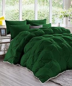 1 Piece White Pom Pom Fringe Pinch Pleated Comforter | 1000 Thread Count 100% Egyptian Cotton, Super Soft (Twin/Twin XL Size Green Color) 550 GSM Filling