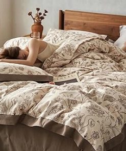 100% Cotton Brown Duvet Cover King Size, 4 Piece Botanical Duvet Cover and Sheet Set - 1 Patterned Duvet Cover 104x90 Inches with Zipper, 1 Flat Sheet and 2 Pillowcases