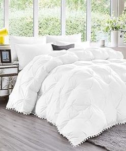 1 Piece White Pom Pom Fringe Pinch Pleated Comforter | 1000 Thread Count 100% Egyptian Cotton, Super Soft (Twin/Twin XL Size White Color) 550 GSM Filling