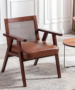 ZHENGHAO Brown Leather Accent Chair, Mid Century Rattan Armchair Reading Chair with Cane Back, Upholstered Comfy Reading Chair for Living Room/Bedroom/Fireplace, Brown