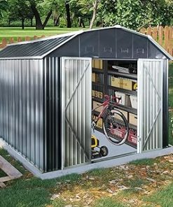 10x12 FT Metal Outdoor Storage Shed, Waterproof Tool Sheds with Eight Ventilation Slots, Heavy-Duty Sheds with Lockable Doors, for Storing Bicycles, Lawnmowers, Barb