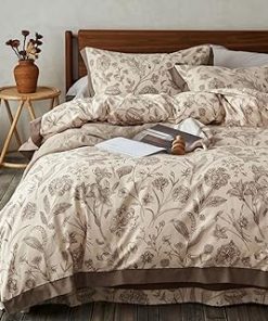 100% Cotton Brown Duvet Cover King Size, 3 Piece Vintage Floral Duvet Cover Set - 1 Botanical Duvet Cover 104x90 Inches with Zipper Closure and 2 Pillowcases
