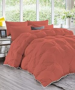 1 Piece White Pom Pom Fringe Pinch Pleated Comforter | 1000 Thread Count 100% Egyptian Cotton, Super Soft (Twin/Twin XL Size Brick Red Color) 550 GSM Filling