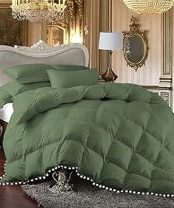 1 Piece White Vintage Pom-Pom Fringe, Box Design Comforter 1000 Thread Count 100% Egyptian Cotton - (Super King Size, Moss Color) 550 GSM Filling