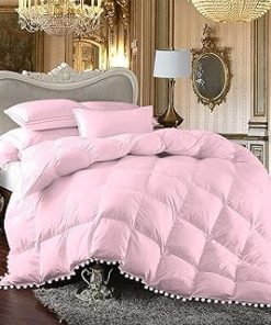 1 Piece White Vintage Pom-Pom Fringe, Box Design Comforter 1000 Thread Count 100% Egyptian Cotton - (Full/Queen Size, Light Pink Color) 550 GSM Filling