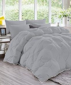 1 Piece White Pom Pom Fringe Pinch Pleated Comforter | 1000 Thread Count 100% Egyptian Cotton, Super Soft (Oversized Super King Size Silver Color) 550 GSM Filling