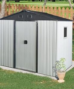 ZSQ 8 ft x 4 ft Outdoor Metal Storage Shed with Window, Metal Foundation, Tilted Roof, Lockable Door for Backyard, Patio, Lawn (White Black+Window)
