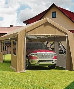 10'x20'Heavy Duty Carport Canopy Portable Garage 4 Roll-up Doors & 4 Windows All-Season Tarp for Car Truck Boat Storage, Earthy Yellow