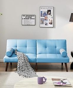 ZLUXURQ Convertible Sofa Bed Futon with Solid Wood Legs Linen Fabric Blue,Modern Living Room Fabric Linen Sofa Bed, Folding Recliner Futon Couch Sleeper Set with Solid Wood Legs.