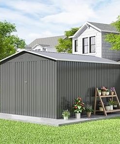 10x12 FT Outdoor Storage Shed, Large Metal Tool Sheds with Updated Frame Structure and Lockable Doors, Garden Shed for Backyard Garden Patio Lawn, Black