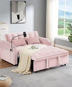 1 Versatile Foldable Sofa Bed in 3 Lengths, Modern Sofa Sofa Sofa Velvet Pull-Out Bed, Adjustable Back and with USB Port and Ashtray and Swivel Phone Stand (Pink)