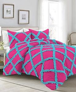 1 Piece Luxurious Two Tone Diamond Ruffle Pattern Comforter All Seasons 1000 Thread Count 100% Egyptian Cotton Size (68 x 90) Twin/Twin XL-(Hot Pink/Turquoise)
