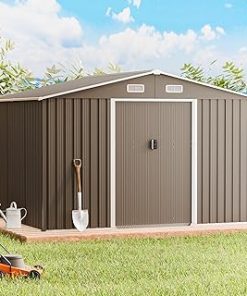 10'x8' Outdoor Storage Shed Metal Galvanized Tool Shed with Vents & Lockable Sliding Door,Waterproof Backyard Shed for Patio,Lawn,Garden to Store Bikes,Tools,Brown