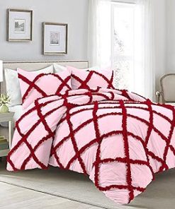 1 Piece Luxurious Two Tone Diamond Ruffle Pattern Comforter All Seasons 1000 Thread Count 100% Egyptian Cotton Size (68 x 90) Twin/Twin XL-(Light Pink/Red)