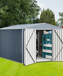 10x12 Ft Outdoor Metal Storage Shed, Galvanized Steel Garden Sheds with Lockable Doors, Extra Large Utility and Tool Storage for Patio Lawn Backyard Outside Use, Grey