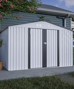 10X8 FT Outdoor Storage Shed, All Weather Metal Sheds with Lockable Doors, Tool Shed for Garden, Patio, Backyard, WhiteC
