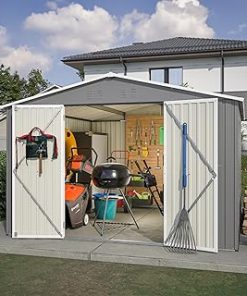 10x10 FT Outdoor Storage Shed, Large Steel Metal Garden Shed with Lockable Door, Storage Tool House for Backyard, Patio, Lawn (Grey)