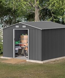 10x8 FT Outdoor Storage Shed, Galvanized Metal Garden Storage Shed, Waterproof Garden Tool Shed Storage, Slooping Roof, Lockable Double Doors & Vents, for Garden Backyard Patio Outside, Grey