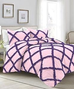 1 Piece Luxurious Two Tone Diamond Ruffle Pattern Comforter All Seasons 1000 Thread Count 100% Egyptian Cotton Size (68 x 90) Twin/Twin XL(Light Pink/Purple)