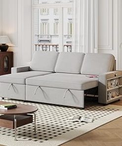 113 Inch Sectional Sleeper Sofa with Storage Chaise, 6 Seater Modular Pull Out Sofa Bed, 6 Corduroy Pillows, Dark Gray