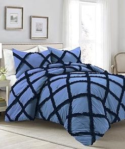 1 Piece Luxurious Two Tone Diamond Ruffle Pattern Comforter All Seasons 1000 Thread Count 100% Egyptian Cotton Size (90x90) Full/Queen-(Navy/Medium Blue)