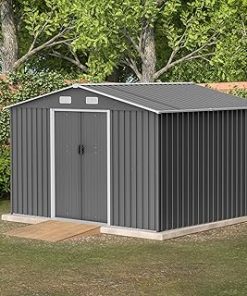 10X8 FT Outdoor Storage Shed, All Weather Metal Sheds with Metal Foundation & Lockable Doors, Tool Shed for Garden, Patio, Backyard, Lawn, Grey
