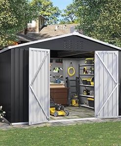 10x10 FT Outdoor Storage Shed, Metal Shed Garden Shed with Lockable Door for Bike, Garbage Can, Tool Shed for Backyard, Patio, Lawn(Grey)