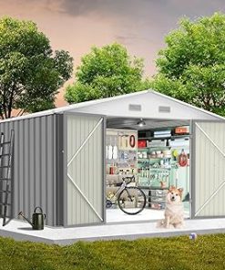 10x8 Ft Outdoor Storage Shed, Large Steel Multipurpose Yard Shed, Metal Outdoor Tool Shed with Sloped Roof and Door Lock Design for Organizing Tools & Equipment in Yard, Garden, Gray