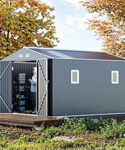 10x12x7 FT Metal Shed Outdoor Storage with Reinforcement, Natural Lighting Tool Sheds with Translucent Roof Panels, Windows, and Lockable Doors, Ideal for Garden, Backyard, and Patio
