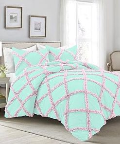 1 Piece Luxurious Two Tone Diamond Ruffle Pattern Comforter All Seasons 1000 Thread Count 100% Egyptian Cotton Size (90x90) Full/Queen-(Aqua Blue/Light Pink)