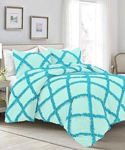 1 Piece Luxurious Two Tone Diamond Ruffle Pattern Comforter All Seasons 1000 Thread Count 100% Egyptian Cotton Size (90x90) Full/Queen-(Aqua Blue/Turquoise)