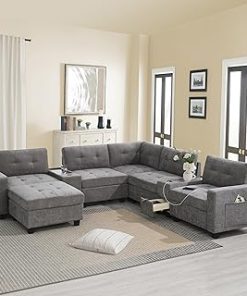 104'' Sectional Sofa with Acrylic Table Top, Chenille U Shaped Couch Set with 2 Consoles, USB Charger, Drawers and Pockets, Movable Ottoman, Tufted Sofa for Living Room Apartment (Gray-U)
