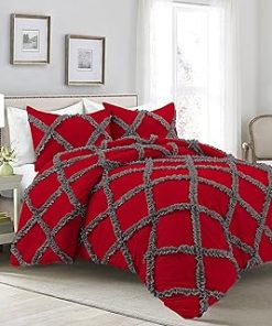 1 Piece Luxurious Two Tone Diamond Ruffle Pattern Comforter All Seasons 1000 Thread Count 100% Egyptian Cotton Size (68 x 90) Twin/Twin XL-(Red/Dark Grey)